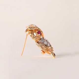 Vintage Owl Diamond and Ruby Eyes Brooch 14K Yellow Gold