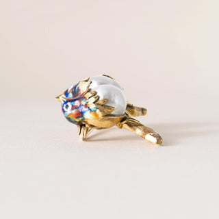 Vintage Italian 18K Lovebirds Enamel Baroque Pearl Brooch