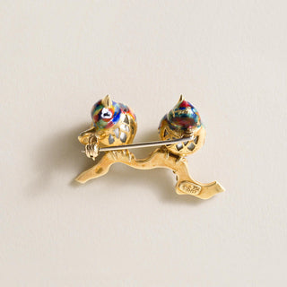 Vintage Italian 18K Lovebirds Enamel Baroque Pearl Brooch