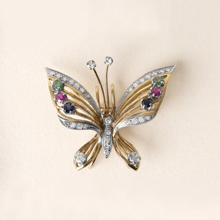 Estate Multi Gemstone and Diamond Butterfly Brooch 14K Two Tone Gold