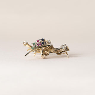 Estate Multi Gemstone and Diamond Butterfly Brooch 14K Two Tone Gold