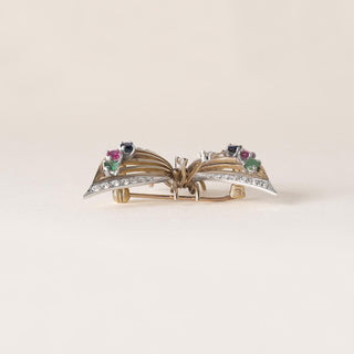 Estate Multi Gemstone and Diamond Butterfly Brooch 14K Two Tone Gold