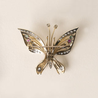 Estate Multi Gemstone and Diamond Butterfly Brooch 14K Two Tone Gold