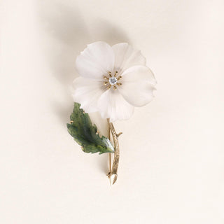 Vintage 14K Gold Quartz and Nephrite Flower Diamond Brooch