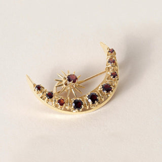 Vintage 14K Gold Crescent Moon and Star Garnet Brooch