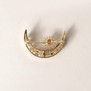 Vintage 14K Gold Crescent Moon and Star Garnet Brooch