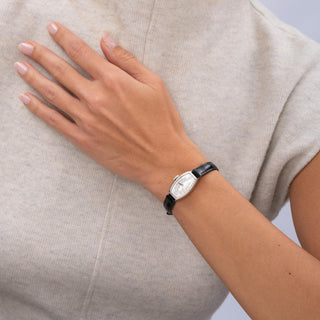 Art Deco Ladies Rolex 9K Gold Tonneau Shape on Black Thin Leather Strap