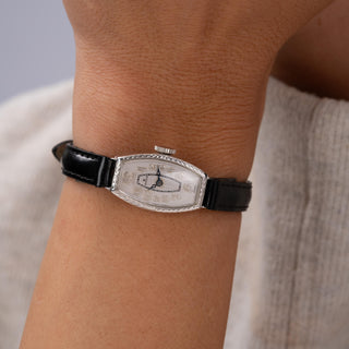 Art Deco Ladies Rolex 9K Gold Tonneau Shape on Black Thin Leather Strap