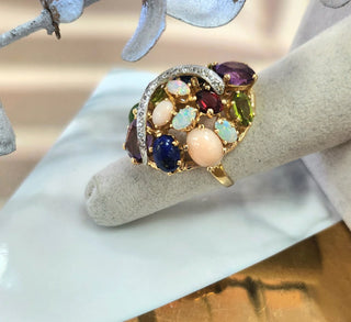 14K Gold Multi Color Natural Gemstone and Diamond Cocktail Statement Ring