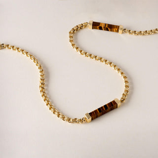 Vintage 1970s Tiger's Eye Gemstone Long  Station Chain Necklace 14K Yellow Gold
