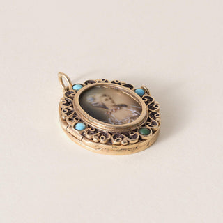 Vintage 14K Gold Lady Portrait Turquoise Locket Pendant