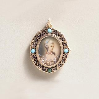 Vintage 14K Gold Lady Portrait Turquoise Locket Pendant