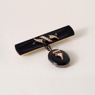 Antique Victorian Mourning Brooch Seed Pearl and Carved Onyx Locket 14K Gold