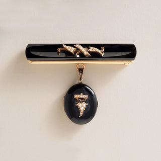 Antique Victorian Mourning Brooch Seed Pearl and Carved Onyx Locket 14K Gold