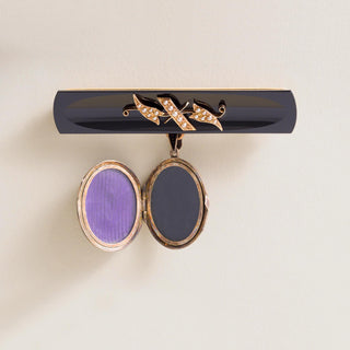 Antique Victorian Mourning Brooch Seed Pearl and Carved Onyx Locket 14K Gold