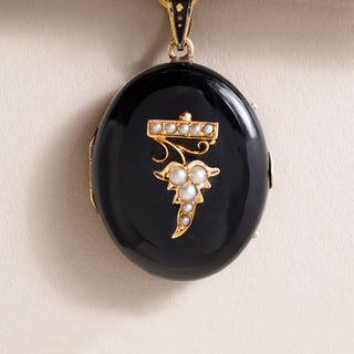 Antique Victorian Mourning Brooch Seed Pearl and Carved Onyx Locket 14K Gold