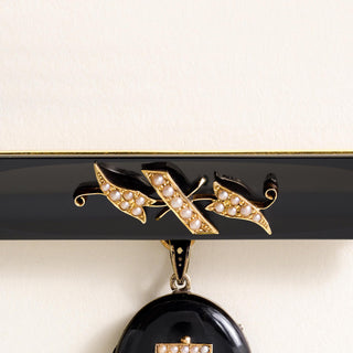 Antique Victorian Mourning Brooch Seed Pearl and Carved Onyx Locket 14K Gold