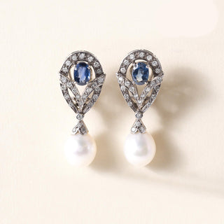 Vintage 18K White Gold Sapphire Diamond and Pearl Drop Earrings