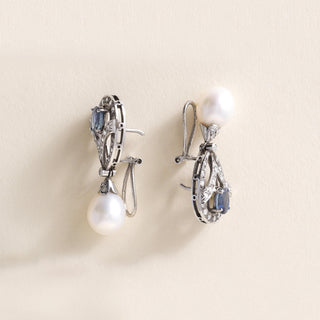 Vintage 18K White Gold Sapphire Diamond and Pearl Drop Earrings