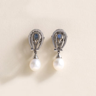 Vintage 18K White Gold Sapphire Diamond and Pearl Drop Earrings