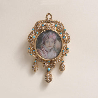 Vintage 14K Gold Turquoise and Seed Pearl Lady Portrait Brooch Pendant