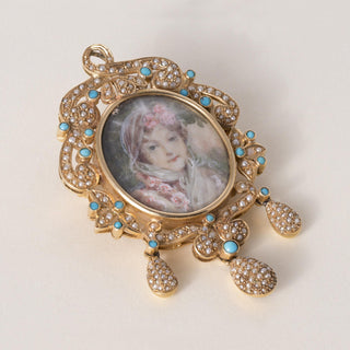 Vintage 14K Gold Turquoise and Seed Pearl Lady Portrait Brooch Pendant