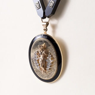 Victorian Gold Cameo Medallion Onyx and Diamond Long Chain Station Necklace