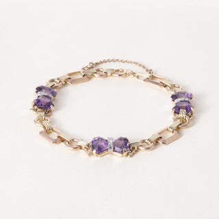 Vintage 14K Tri Gold Amethyst and Diamond Retro Bracelet
