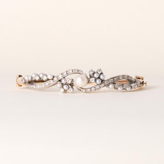 Vintage Pearl & Diamond Floral Cocktail Bangle Bracelet in 14K Two-Tone Gold