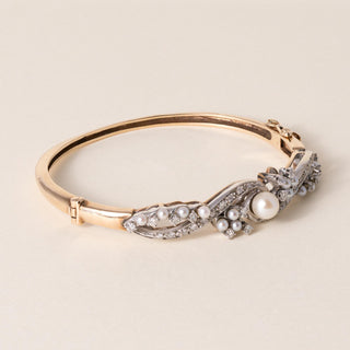 Vintage Pearl & Diamond Floral Cocktail Bangle Bracelet in 14K Two-Tone Gold