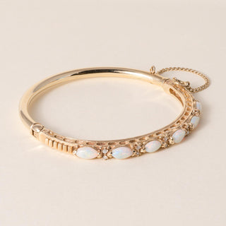 Vintage Australian Opal & Diamond Bangle Bracelet  14K Yellow Gold