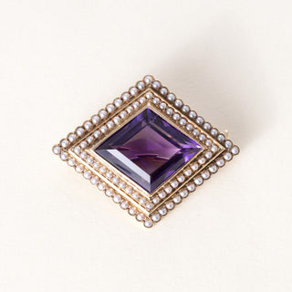 Vintage 14K Gold Diamond Shape Amethyst and Seed Pearl Brooch