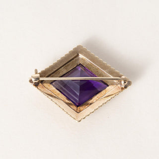 Vintage 14K Gold Diamond Shape Amethyst and Seed Pearl Brooch
