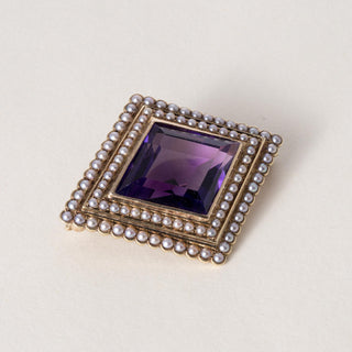 Vintage 14K Gold Diamond Shape Amethyst and Seed Pearl Brooch