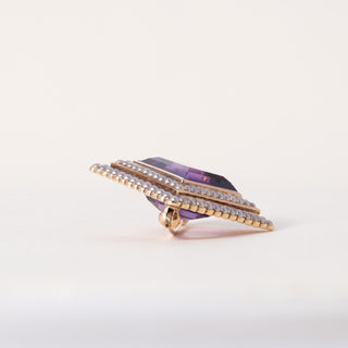 Vintage 14K Gold Diamond Shape Amethyst and Seed Pearl Brooch