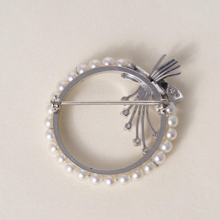 Retro Platinum White Pearl and Diamond Reef Ribbon Brooch