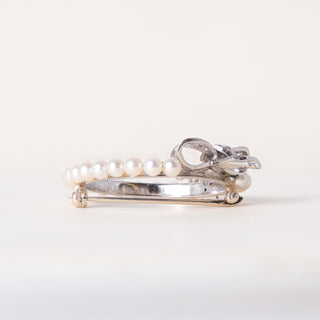Retro Platinum White Pearl and Diamond Reef Ribbon Brooch