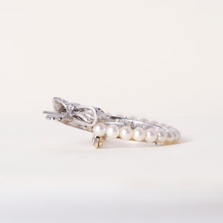 Retro Platinum White Pearl and Diamond Reef Ribbon Brooch