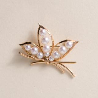 Vintage Mikimoto Akoya Pearl Lotus Floral Brooch 14K Gold