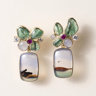 Estate 18K Yellow Gold Multi Gemstone Artisan Carved Agate Earrings
