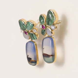 Estate 18K Yellow Gold Multi Gemstone Artisan Carved Agate Earrings