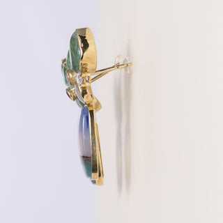 Estate 18K Yellow Gold Multi Gemstone Artisan Carved Agate Earrings