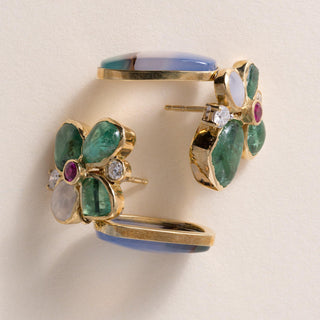 Estate 18K Yellow Gold Multi Gemstone Artisan Carved Agate Earrings