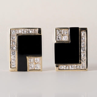 Estate 14K Gold Onyx and Diamond Rectangular Stud Earrings