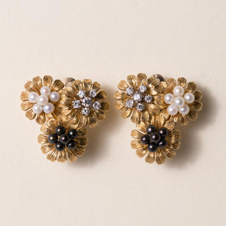 Vintage 14K Gold Black, White Pearl and Diamond Floral French Clip Earrings