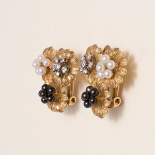 Vintage 14K Gold Black, White Pearl and Diamond Floral French Clip Earrings