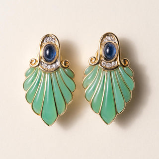 Vintage Chrysoprase, Sapphire & Diamond Leaf Earrings 18K Yellow Gold