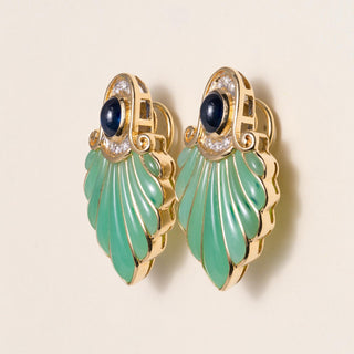 Vintage Chrysoprase, Sapphire & Diamond Leaf Earrings 18K Yellow Gold