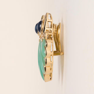 Vintage Chrysoprase, Sapphire & Diamond Leaf Earrings 18K Yellow Gold