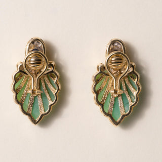 Vintage Chrysoprase, Sapphire & Diamond Leaf Earrings 18K Yellow Gold